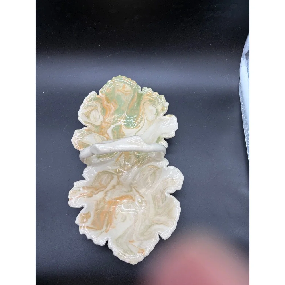 Vintage Marbled Ceramic Double Leaf Serving Dish with Handle Green Peach Cream‎